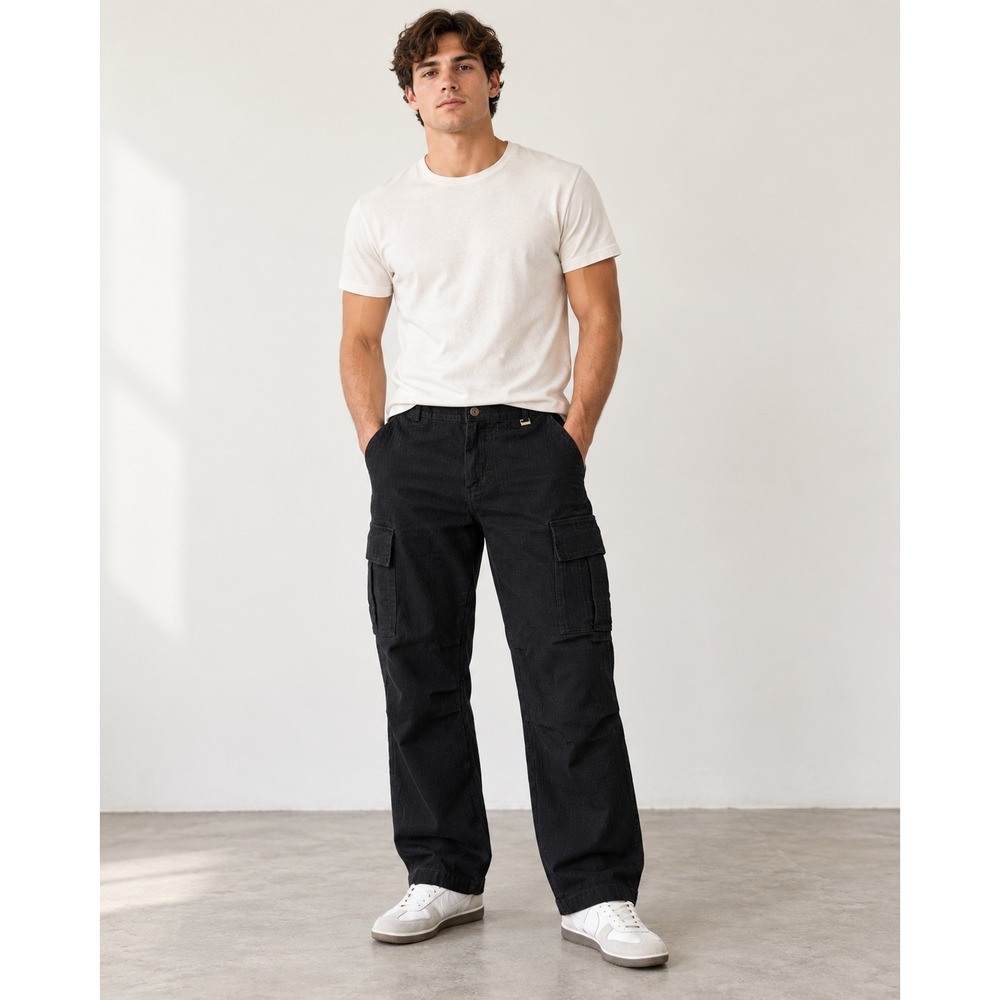 YoungLA Mens Black Cotton Cargo Pants Relaxed Fit Utility Streetwear Size Large